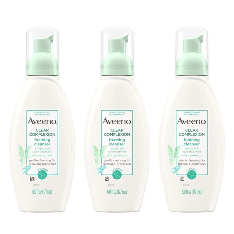 Aveeno Clear Complexion Foaming Oil-Free Facial Cleanser with Salicylic Acid Acne Medication for Breakout-Prone Skin & Soy Extracts, Hypoallergenic & Non-Comedogenic, 6 Fl Oz, Pack of 3 Aveeno