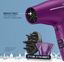 Conair Hair Dryer, Worldwide Travel Hair Dryer with Smart Voltage Technology and Folding Handle, Includes Diffuser and Concentrator, Purple Infinity Warehouse