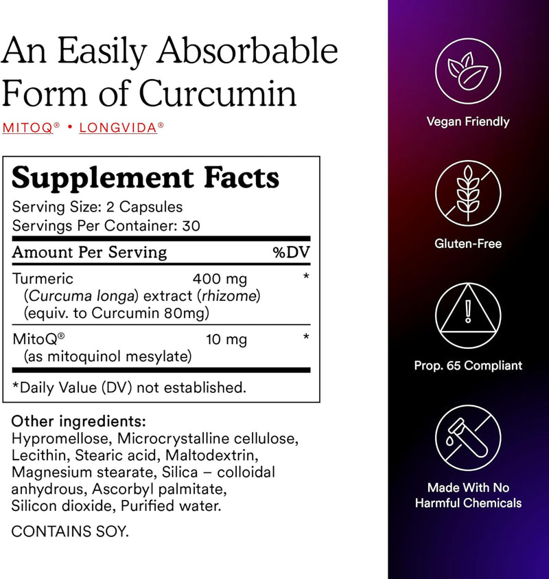 MitoQ Curcumin Advanced CoQ10 Antioxidant - Contains Mitoquinol Mesylate & Super Bioavailable Longvida Curcumin Turmeric - Supports Immunity, Digestive Health, & Cell Vitality (60 Capsules) Infinity Warehouse
