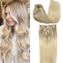 GOO GOO Clip in Hair Extensions Ombre Ash Blonde to Golden Blonde and Platinum Blonde Remy Human Hair Extensions Clip in Real Natural Hair Extensions Straight Thick 120g 14 Inch GOO GOO