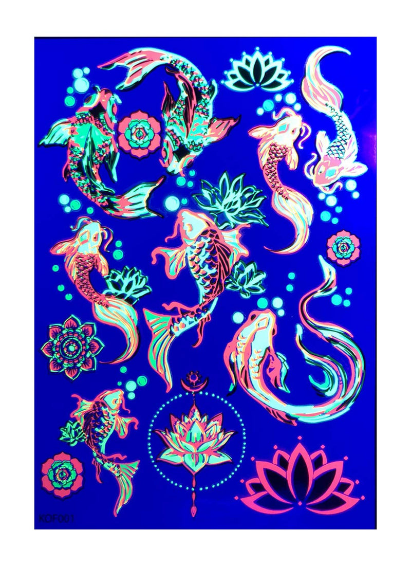 d'IRIS studio Blacklight Temporary Tattoos – 1 Sheet Koi Fish Design Body Art | Festival Accessories Glow Party Supplies | 7.2” x 5.2” UV Reactive Temp Tattoos Great for EDM EDC Party Rave Parties d'IRIS studio