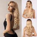 Honygebia Blonde Wig with Bangs - Long Wavy Ombre Curtain Bang Wigs for White Women, Light Ash Blond Dark Roots Synthetic Heat Resistant Hair, Natural Cute Strawberry Wigs for Everyday/Party/Cosplay Honygebia