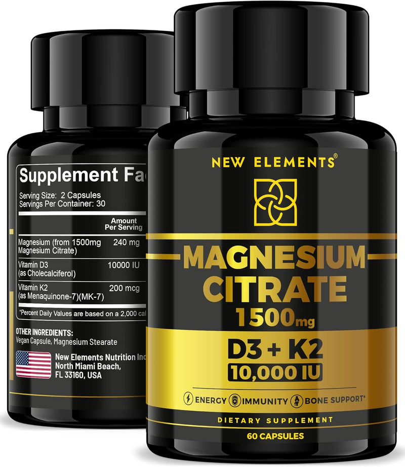 Magnesium Citrate 1500mg with Vitamin D3 10,000 IU & K2 MK-7 – Energy, Immunity & Bone Support – 60 Vegan Capsules – High Absorption, Non-GMO Infinity Warehouse