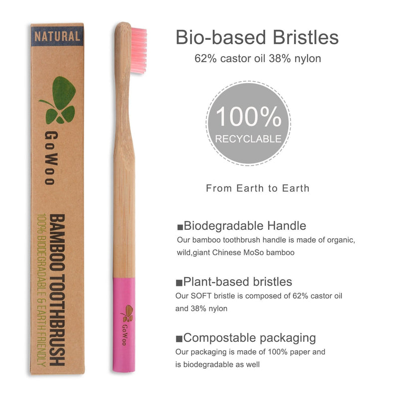 GoWoo 100% Natural Bamboo Toothbrush Soft - Organic Eco Friendly Toothbrushes with Soft Nylon Bristles, BPA-Free, Biodegradable, Dental Care Set (Pack of 4, Adult, Pink) GoWoo
