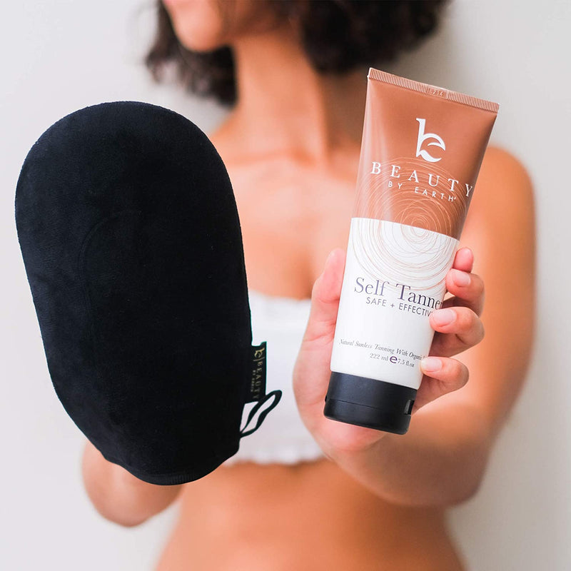 Self Tanner Bundle with Applicator - Tanning Lotion for Body & Face with Tanning Mitts, Sunless Tanner for Face & Self Tan for Body, Natural & Organic Full Size Face Tanner & Fake Tan for Body Beauty by Earth