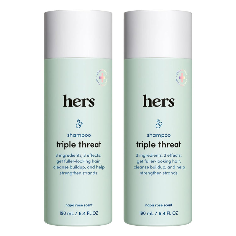 hers triple threat shampoo for hair that feels and looks thicker and stronger with biotin, saw palmetto, pumpkin seed oil, lightly scented with rose, helps control hair shedding, 2 pack, 6.4oz Infinity Warehouse