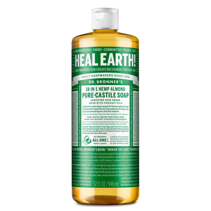 Dr. Bronner’s - Pure-Castile Liquid Soap (Almond, 32 ounce) - Made with Organic Oils, 18-in-1 Uses: Face, Body, Hair, Laundry, Pets and Dishes, Concentrated, Vegan, Non-GMO Dr. Bronner's