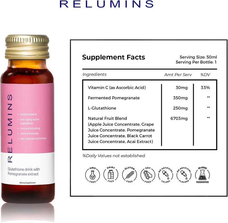 Relumins Glutathione Drink - Helps Promote Brighter and Firm Skin, Boosts Collagen Content, Moisture for a Younger Looking Skintone - Pomegranate Flavor, 50mL x 10 Gluta Shot Bottles Infinity Warehouse