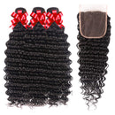 Brazilian Virgin Hair Deep Wave Bundles with Closure 100% Unprocessed Human Hair 3 Bundles with 4x4 Lace Closure Wet and Wavy Bundles with Closure Can Be Dyed and Bleached (18 20 22 24+16) RECIFEYA Store