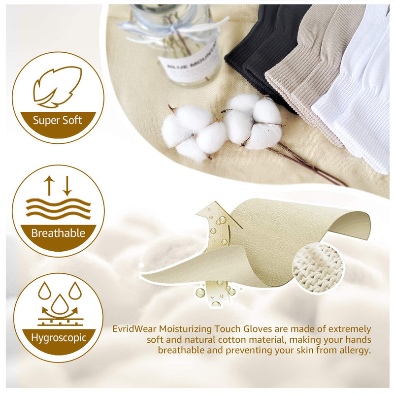 EvridWear Unisex Moisturizing Cotton Gloves with Touchscreen Fingertips for Eczema Beauty Cosmetic Dry Hands Sensitive Irritated Skin Therapy Overnight Bedtime, 6 Pairs, Lightweight-White, S/M Evridwear