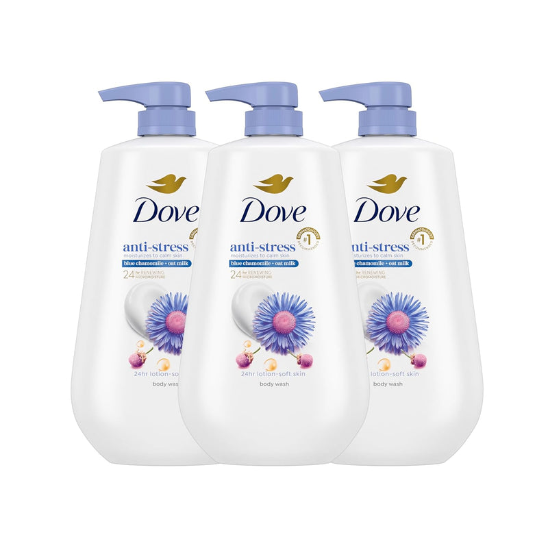 Dove Body Wash Anti-Stress Blue Chamomile & Oat Milk, 3 Count for Renewed, Healthy Looking Skin, Moisturizing Gentle Skin Cleanser with 24hr Renewing MicroMoisture, 30.6 oz Infinity Warehouse