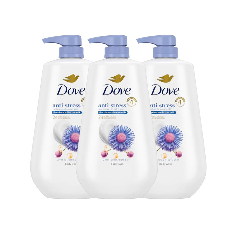 Dove Body Wash Anti-Stress Blue Chamomile & Oat Milk, 3 Count for Renewed, Healthy Looking Skin, Moisturizing Gentle Skin Cleanser with 24hr Renewing MicroMoisture, 30.6 oz Infinity Warehouse