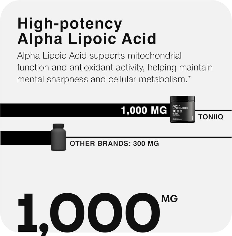 Toniiq 1000mg Ultra High Strength Alpha Lipoic Acid Capsules - Highly Purified 99%+ USP Standard - 120 Capsules ALA Supplement Infinity Warehouse
