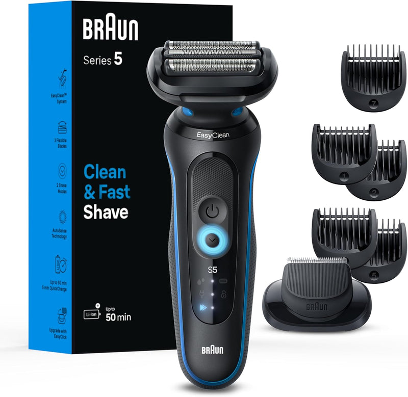 Braun Electric Shaver for Men, Series 5 5120s, Wet & Dry Shave, Turbo Shaving Mode, Foil Shaver, Engineered in Germany, with Beard Trimmer & Attachments, Blue Infinity Warehouse