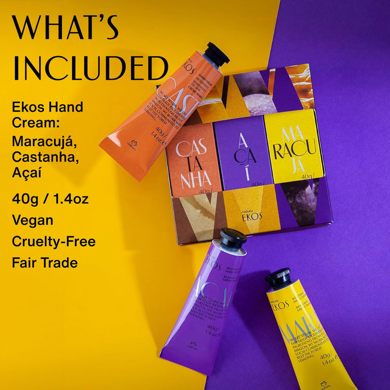 natura - Ekos Tropical Hand Cream Trio Variety Pack, 3 Creams - (1) Maracujá, (1) Castanha, & (1) Açaí Hand Cream - Vegan Skin Care - Brazilian Beauty Secrets - Self Care & Body Care - 1.41oz (40g) Infinity Warehouse