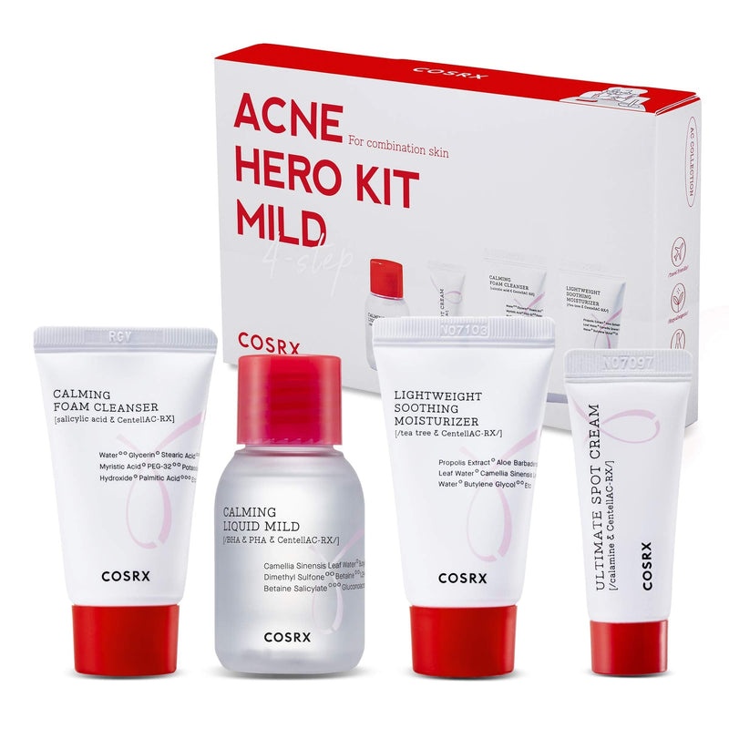 COSRX 4 Step Mild Acne Treament for Acne Prone Skin | TSA Approved Travel Size, Gift Set, Trial | Cleanser, Mild Toner, Spot Cream, Moisturizer COSRX