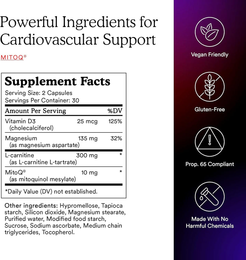 MitoQ +Heart Premium CoQ10 Antioxidant - Contains Mitoquinol Mesylate, Magnesium, L-Carnitine & Vitamin D3 - Supports Cardiovascular and Circulatory Health, & Cell Vitality (60 Capsules) Infinity Warehouse