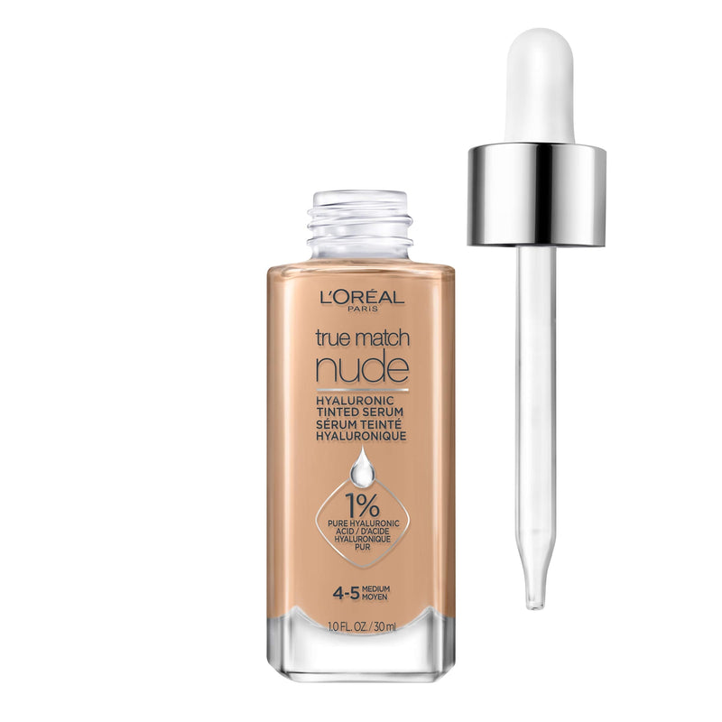 L'Oreal Paris True Match Nude Hyaluronic Tinted Serum The 1st Tinted serum with 1% Hyaluronic acid Instantly skin looks brighter, even and feels hydrated Makeup + Skincare, Medium 4-5, 1 fl. oz. L'Oreal Paris