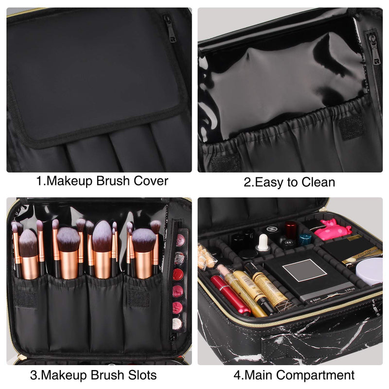 Relavel Travel Makeup Train Case Makeup Cosmetic Case Organizer Portable Artist Storage Bag with Adjustable Dividers for Cosmetics Makeup Brushes Toiletry Jewelry Digital Accessories (Marble, Black) Relavel
