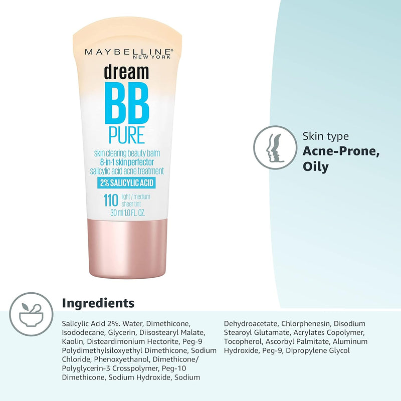Maybelline Dream Pure Skin Clearing BB Cream, 8-in-1 Skin Perfecting Beauty Balm With 2% Salicylic Acid, Sheer Tint Coverage, Oil-Free, Light/Medium, 1 Count Infinity Warehouse