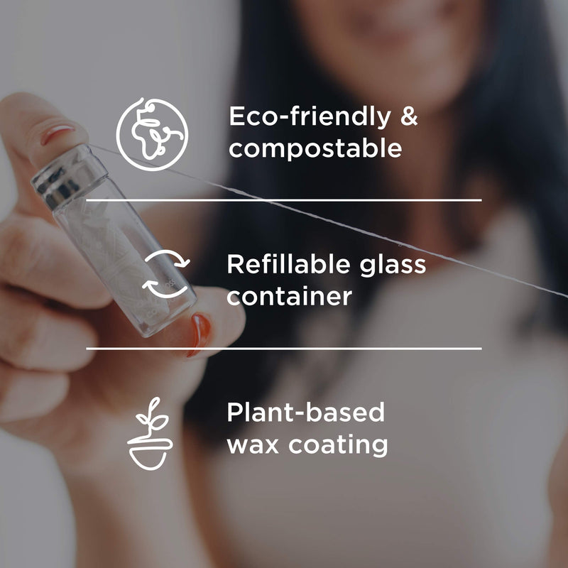 Biodegradable Dental Floss with a Refillable Glass Holder | Naturally Waxed with Candelilla Wax | 100% Compostable | 33yds/30m Natural Silk Spool | Eco-Friendly Zero Waste Oral Care | Mint Flavored TreeBird Eco Dental