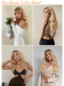 Honygebia Blonde Wig with Bangs - Long Wavy Ombre Curtain Bang Wigs for White Women, Light Ash Blond Dark Roots Synthetic Heat Resistant Hair, Natural Cute Strawberry Wigs for Everyday/Party/Cosplay Honygebia