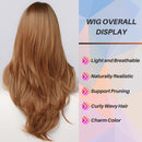 Honygebia Honey Blonde Ombre Wig - Long Auburn Wigs with Curtain Bangs for Women, Straight Layered Dark Roots Hair, Natural Synthetic Heat Resistant Wigs for Everyday Honygebia