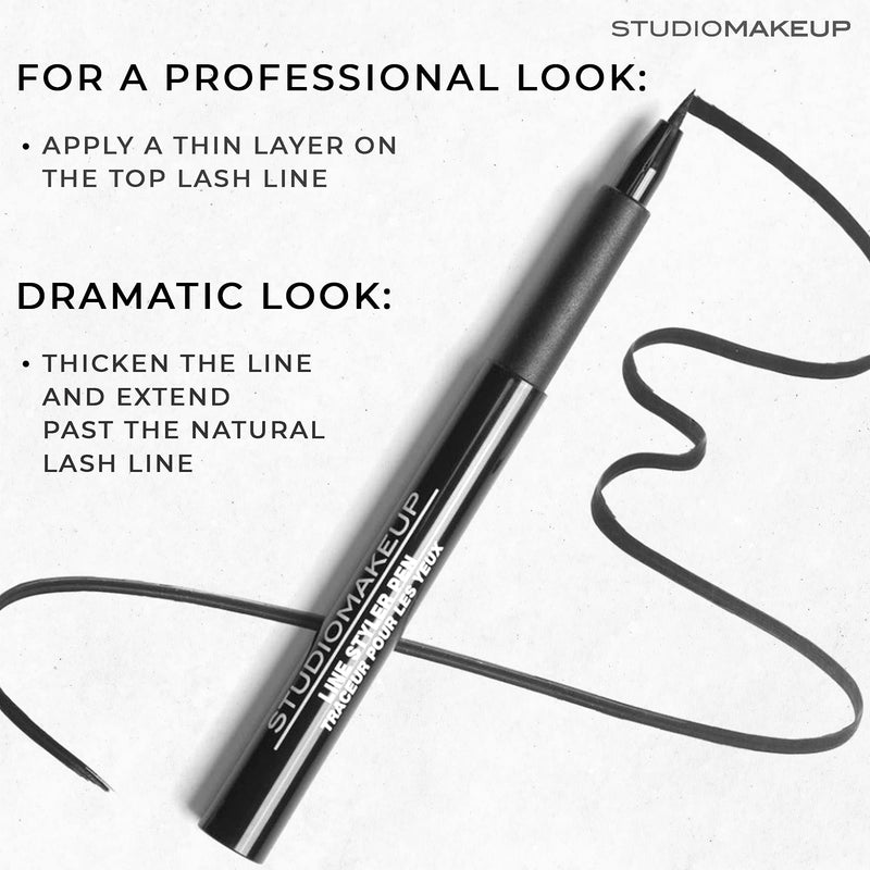 STUDIOMAKEUP Line Styler Pen – Smudge Proof & Waterproof Blackest Black Liquid Eyeliner Pen w/ Flexible Felt Tip - Long Lasting Sharp Line Eyeliner Pen Safe For Sensitive Eyes – Blackest Eyeliner Waterproof Studiomakeup