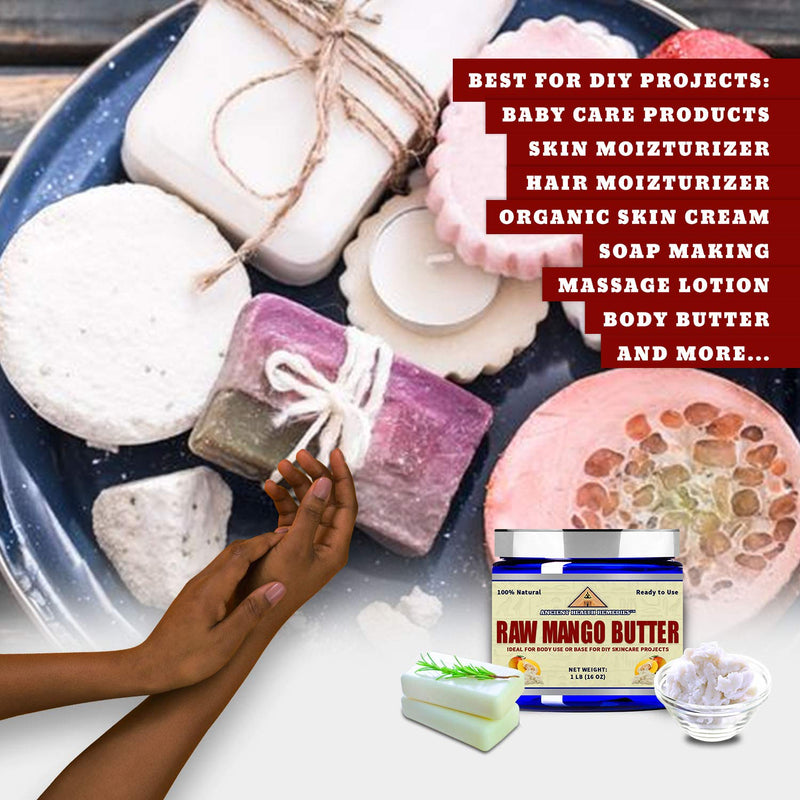 Organic Unrefined Raw MANGO BUTTER JAR/BLOCKS Bulk, Light Mango Aroma, Non-Greasy Base for Beauty, Skin Moisturizing, DIY Base for Body Butter & Hand Creams (1 LB) ANCIENT HEALTH REMEDIES