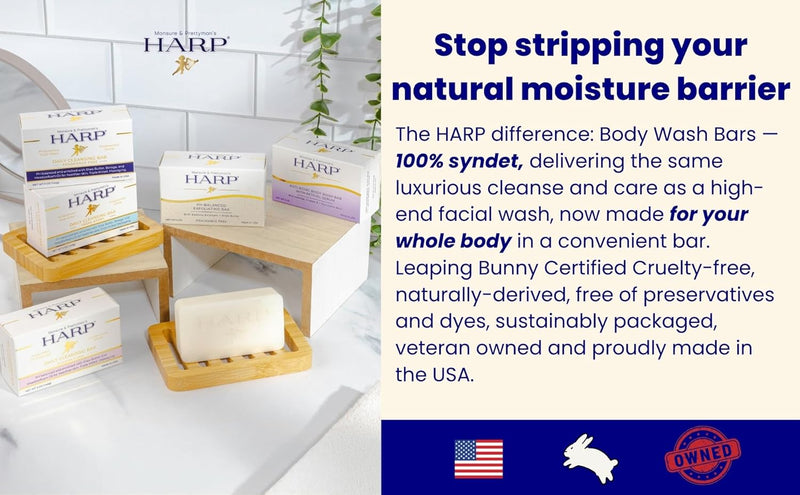 HARP pH-Balanced (5.0-6.0) Body Wash Bar. 100% Syndet. Protects Moisture Barrier For Sensitive, Dry or Irritated skin. + Shea Butter/Borage Oil. Non-Comedogenic. FRAGRANCE FREE Infinity Warehouse