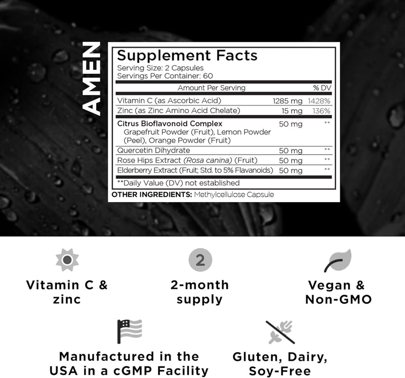 Amen Vitamin C+ Supplement with Zinc, Bioflavonoids, Quercetin, Rose HIPS, Elderberry – Vegan, Non-GMO – 2 Months Supply - 120 Capsules Infinity Warehouse
