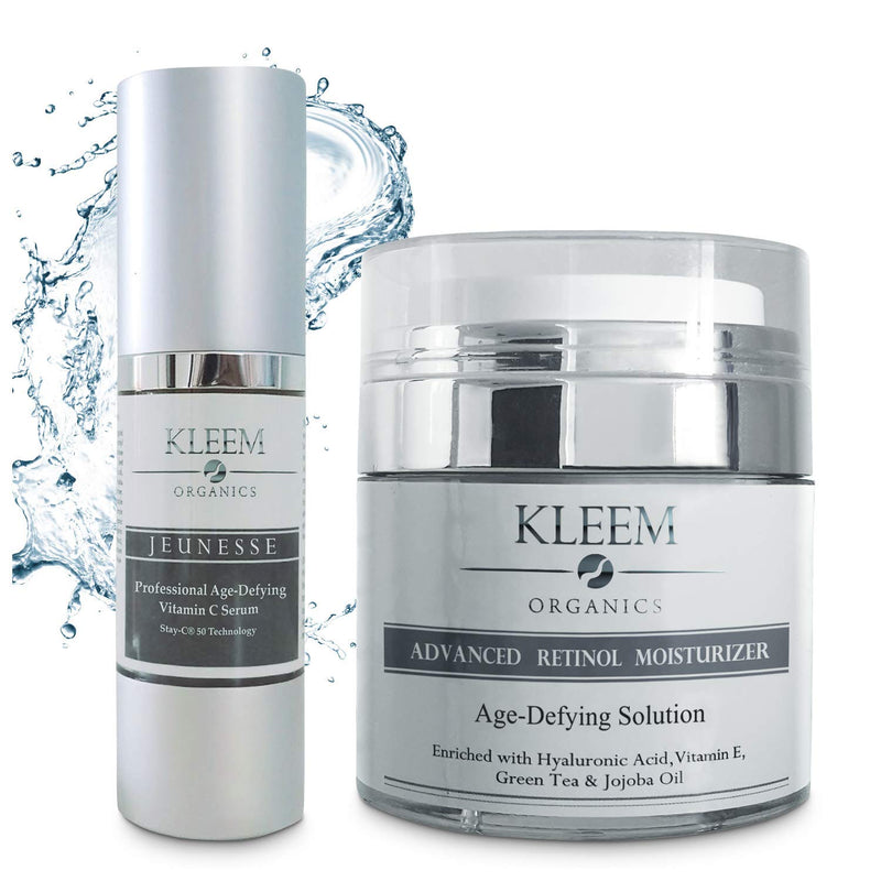 Anti Aging Face Bundle: Vitamin C Serum for Face & Retinol Cream for Face - Natural & Organic Gift Set for Women & Men to Reduce Wrinkles, Fine Lines, Dark Spots, Uneven Skin & promote youthful skin Kleem Organics
