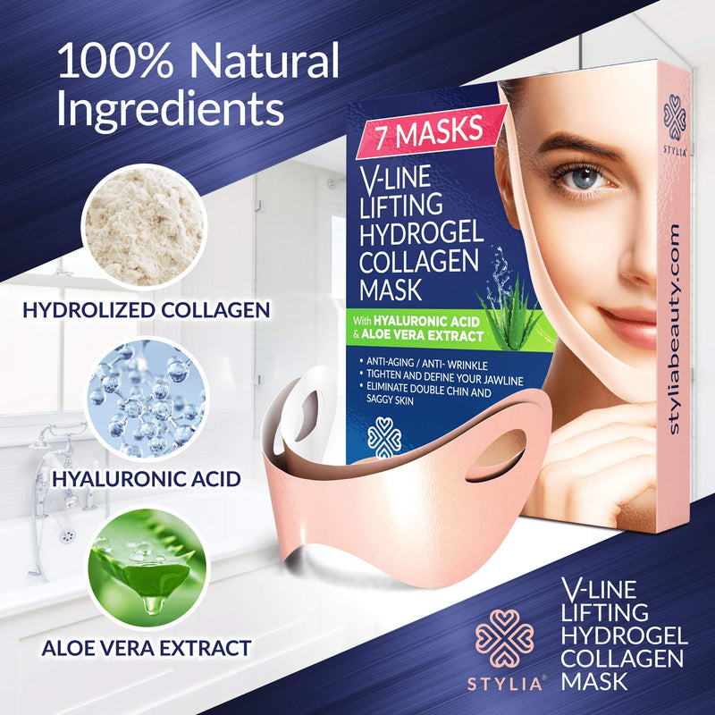 7 Piece V Line Shaping Face Masks – Lifting Hydrogel Collagen Mask with Aloe Vera – Anti-Aging and Anti-Wrinkle Band - Double Chin Reducer Strap - Contouring, Slimming and Firming Face Lift Sheet Stylia Store