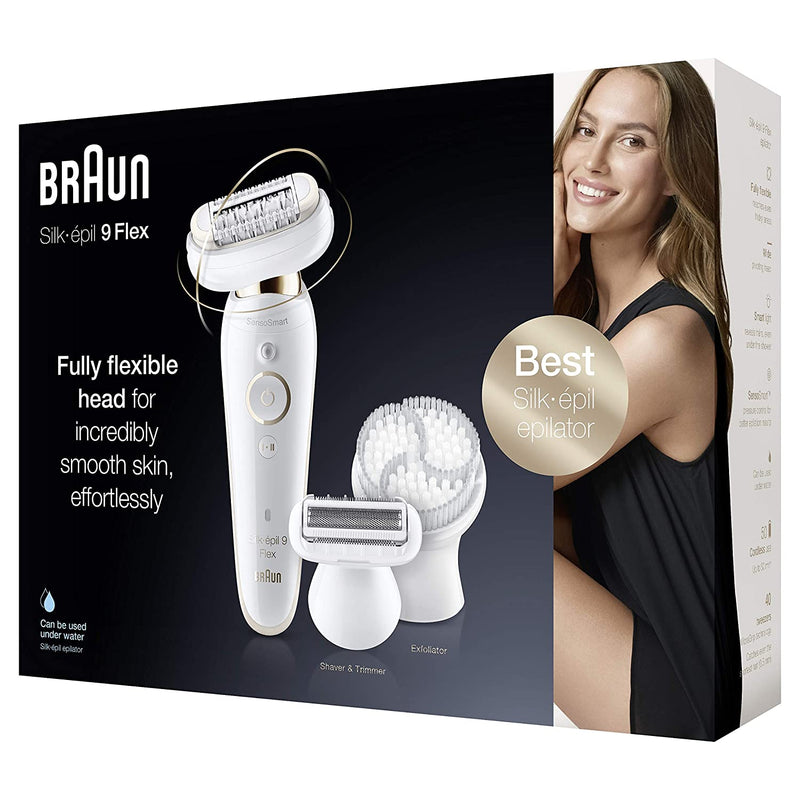 Braun Epilator for Women with Flexible Head, Silk-épil 9 9-030 for Hair Removal, Womens Shaver & Trimmer, Wet & Dry, Cordless, Rechargeable, Beauty Kit with Body Exfoliation Cap, White/Gold Braun Store
