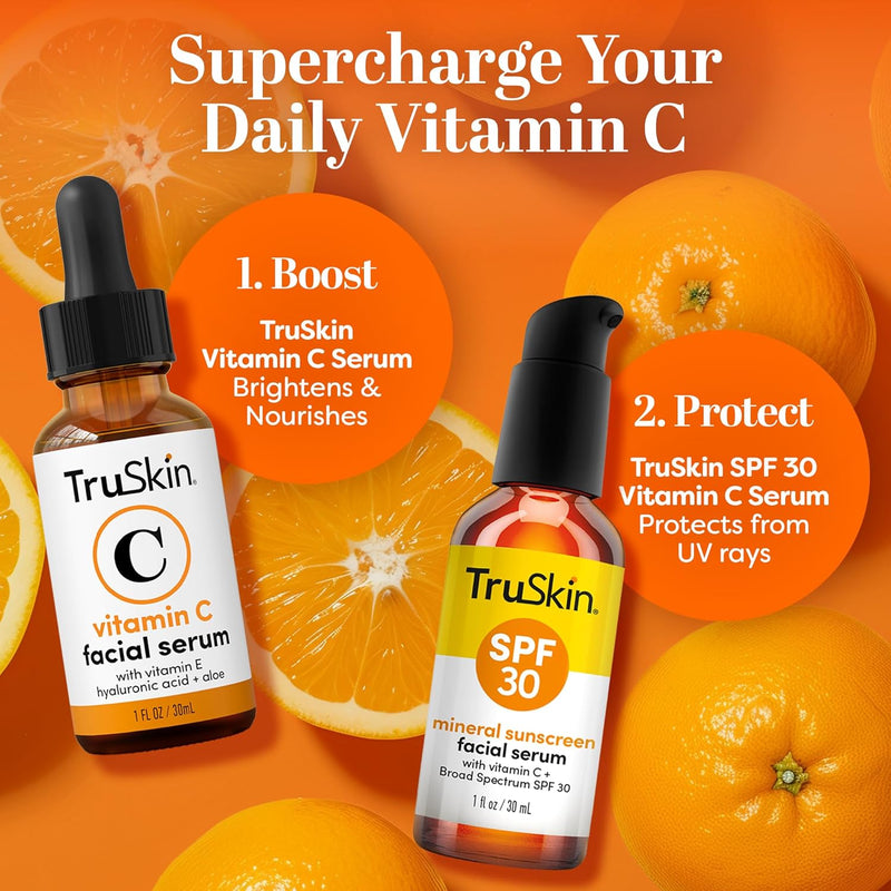 TruSkin SPF 30 Tinted Mineral Sunscreen Serum for Face - 1 fl oz | Universal Tinted | Lightweight Transparent Finish | Zinc Oxide | Vitamin C | Hyaluronic Acid | Ceramides | All Skin Types Infinity Warehouse