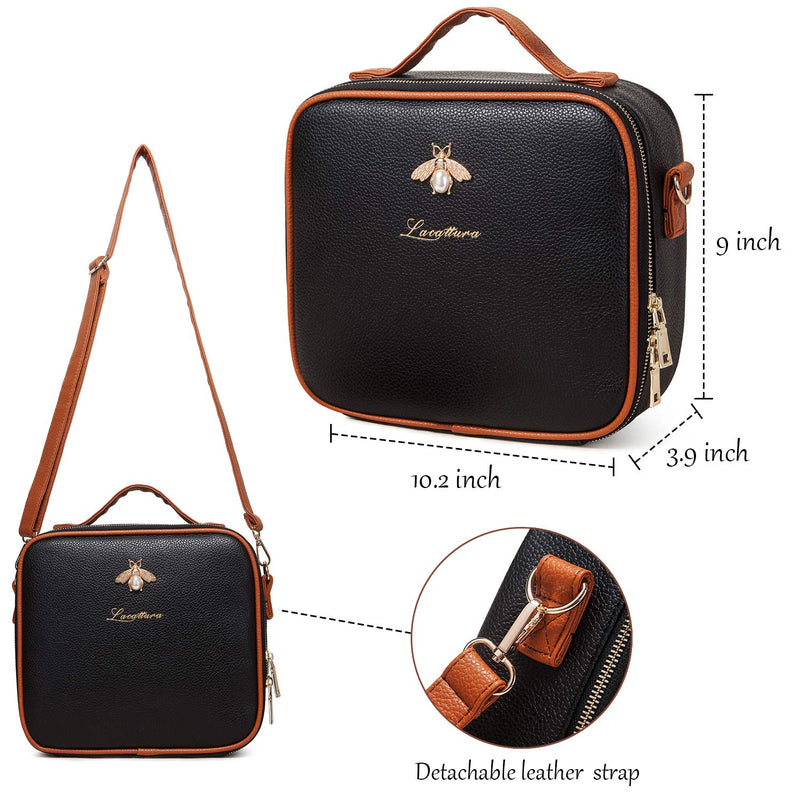 LACATTURA Travel Makeup bag, Leather Makeup Train Case Cosmetic Organizer for Makeup Brushes Toiletry Digital Accessories, Portable Artist Storage Bag With Shoulder Strap for Women lady Black LACATTURA