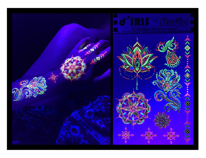 Temporary Tattoos – 1 Sheet Lotus Flower Design Body Paint Art Blacklight Reactive Light Festival Accessories Glow in the Dark Party Supplies | 7.2” x 5.2” Temp Great for EDM EDC Party Rave Parties d'IRIS studio