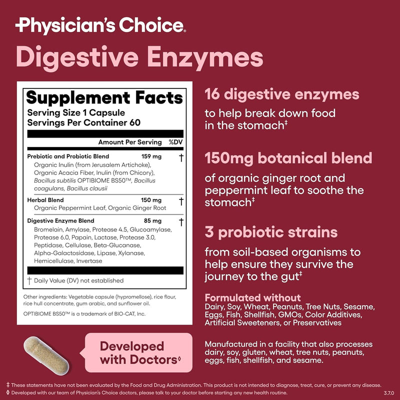 Physician's CHOICE Digestive Enzymes - Multi Enzymes, Organic Prebiotics & Probiotics for Digestive Health & Gut Health - Meal Time Discomfort Relief & Bloating - Dual Action Approach - 60 CT Infinity Warehouse
