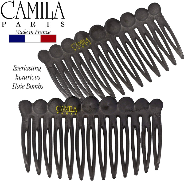Camila Paris CP3034 French Hair Side Comb, 2 Pack Small Rounded, Gray Flexible Durable Cellulose Hair Combs, Strong Hold Hair Clips for Women, No Slip Styling Girls Hair Accessories Made in France Camila