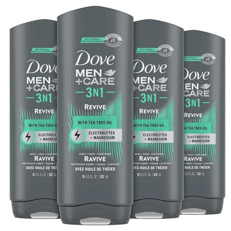 DOVE MEN + CARE Post-Workout Body Wash 3N1 Revive 4 Count For Men With Tea Tree Oil, 18 oz Infinity Warehouse