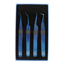 M LASH Set Of 4 Diamond Grip Eyelash Extensions Tweezers - Japanese Steel Lash Supply (Blue) M