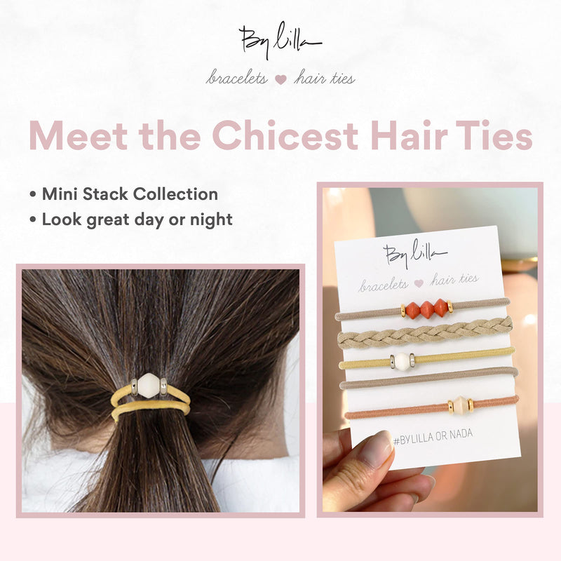 By Lilla Limestone Mini Stack Elastic Hair Ties and Bracelets | Set of 5 Hair Tie-Bracelets | Hair Accessories for Women | No Crease Hair Ties & Women’s Bracelets (Brown / Gold / Nude / Orange) By Lilla