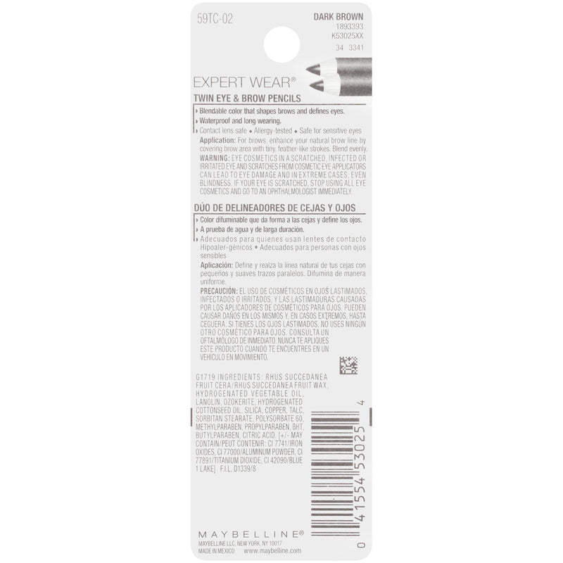 Maybelline New York Makeup Expert Wear Twin Eyebrow Pencils and Eyeliner Pencils, Dark Brown Shade, 0.06 Ounce, 2 Count (Pack of 1) Maybelline New York