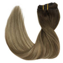 GOO GOO 120g Hair Extensions Clip in Human Hair Walnut Brown to Ash Brown and Bleach Blonde Remy Human Hair Extensions Clip in Natural Hair Straight 7pcs 22 Inch GOO GOO