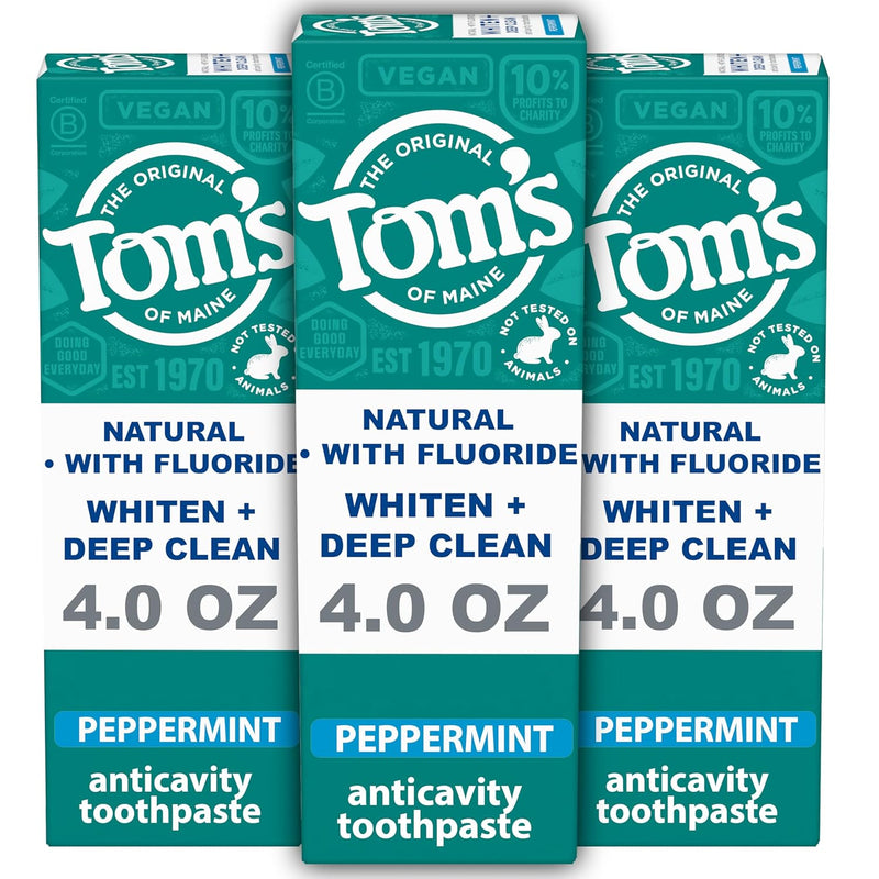 Tom's of Maine Whiten Plus Deep Clean Whitening Toothpaste, Natural Whitening Toothpaste with Plant-Based Cleansers, Enamel Safe, Whitens Without Causing Sensitivity, Peppermint, 4.0 oz (Pack of 3) Infinity Warehouse
