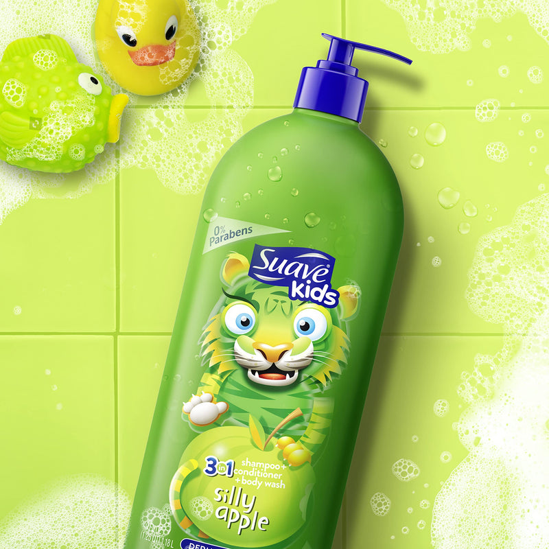 Suave Kids 3-in-1 Shampoo, Conditioner, Body Wash For Tear-Free Bath Time, Silly Apple, Dermatologist-Tested Kids Shampoo 3-in-1 Formula 40 oz Suave
