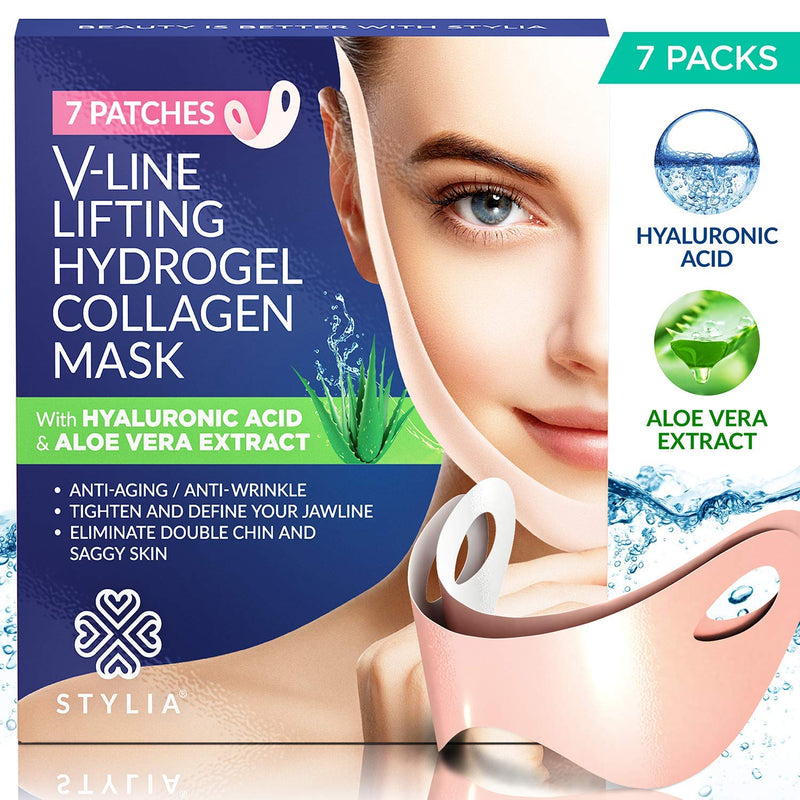 7 Piece V Line Shaping Face Masks – Lifting Hydrogel Collagen Mask with Aloe Vera – Anti-Aging and Anti-Wrinkle Band - Double Chin Reducer Strap - Contouring, Slimming and Firming Face Lift Sheet Stylia Store