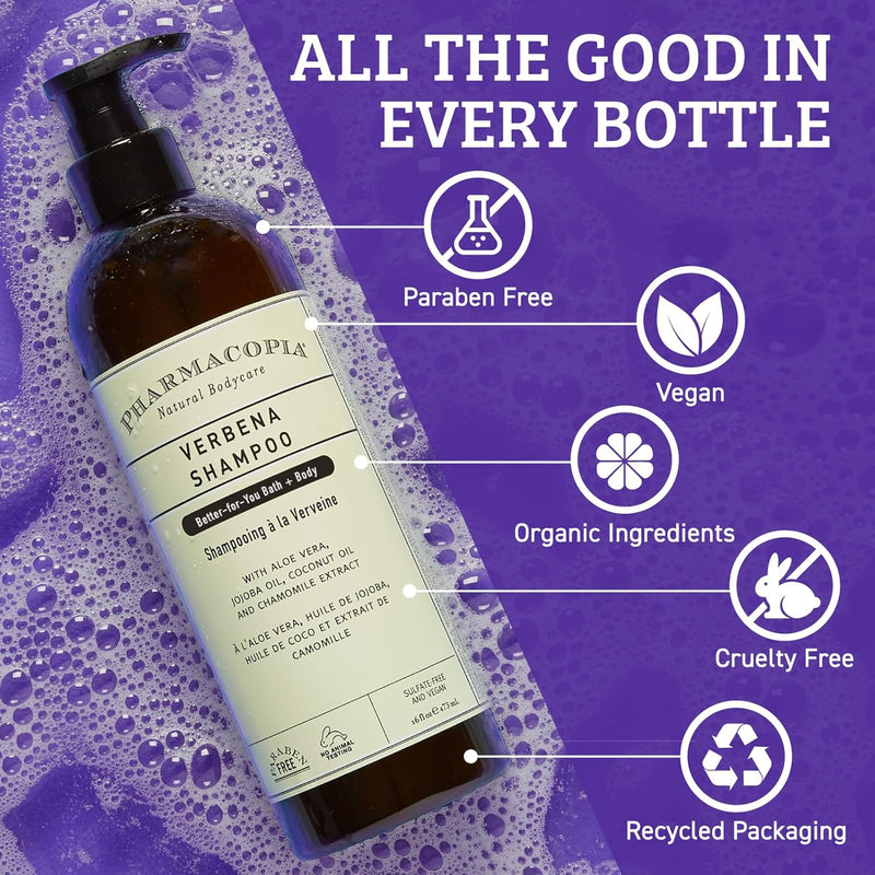Pharmacopia Verbena Shampoo - Natural Hair Care with Plant Based & Organic Ingredients Aloe Vera, Jojoba Oil, Coconut Oil, and Chamomile Extract - Vegan, Cruelty Free, No Parabens or Sulfates, 16 oz Infinity Warehouse