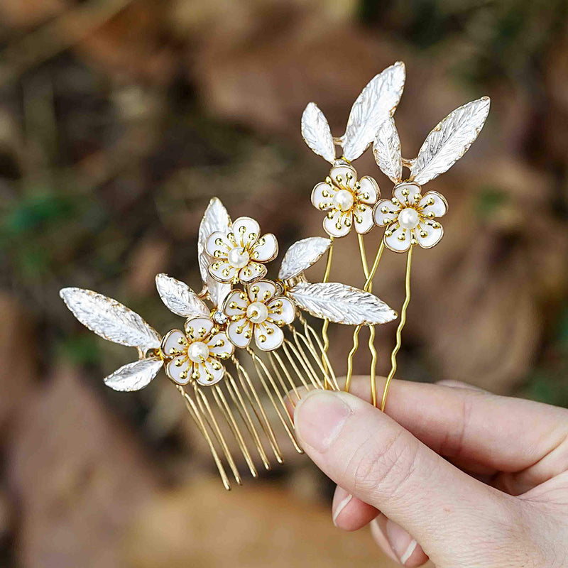 Aukmla Flower Bride Wedding Hair Comb with Hair Pins Gold Leaf Bridal Hair Piece Crystal Hair Jewelry Pearl Hair Accessories for Women and Girls (Pack of 3) Aukmla