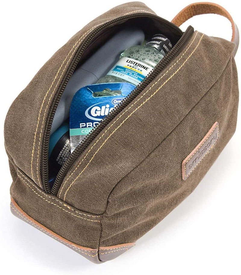 emissary Men's Toiletry Bag Leather and Canvas Travel Toiletry Bag Dopp Kit for Men Shaving Bag for Travel Accessories（Coffee) emissary